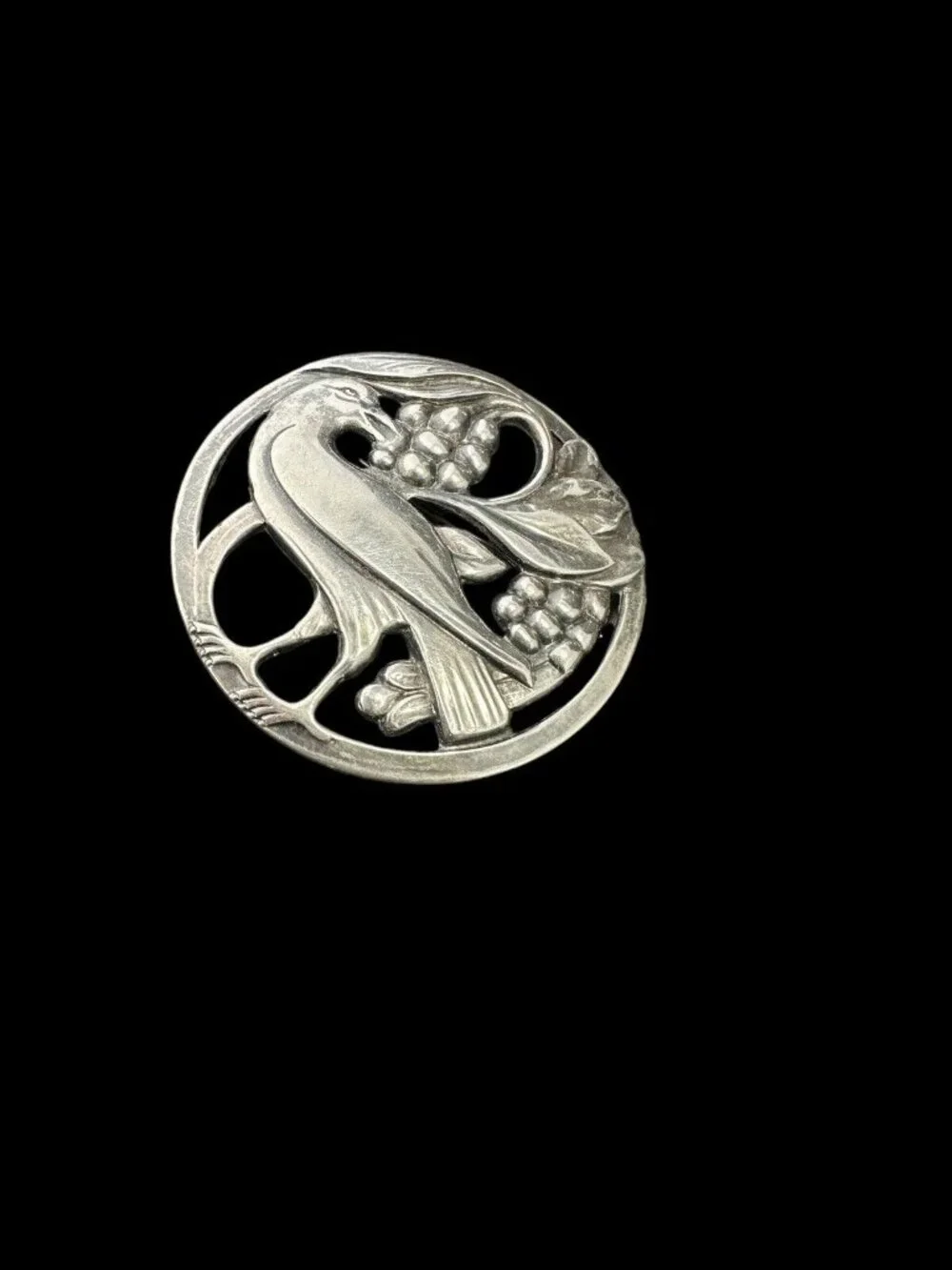 Mid Century Sterling Silver Bird Eating Berries Brooch Round Floral Vintage Pin